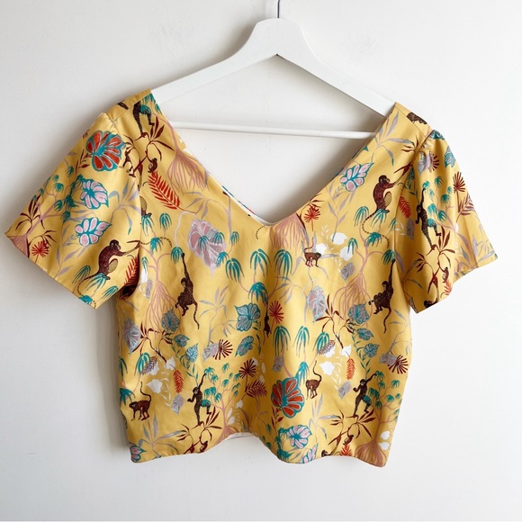 Simons Tops - Simons Icone Tropical Print Yellow Multicolor Top Blouse Size S Monkey Trees